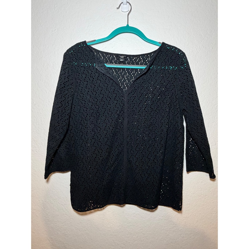 Talbots Petites Black Eyelet V-Neck Top 3/4 Sleeve Floral Embroidery Medium P